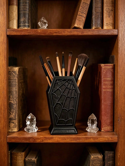 1pc Halloween Spider Web Storage Rack, Multi-Functional Makeup Brush Holder, Freestanding Desktop Organizer, Coffin Shaped Desktop Makeup Brush Holder, Suitable For Vanity Or Office Decor, Halloween A