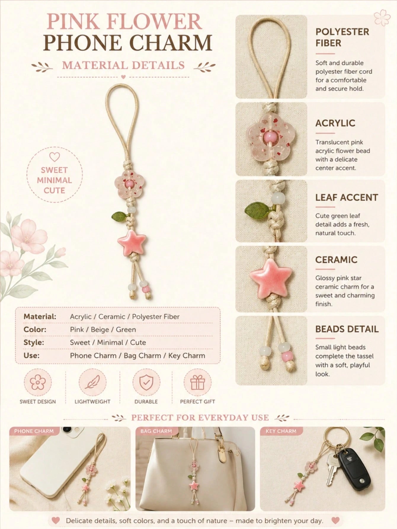 1pc Handmade Ceramic Flower & Star Phone Lanyard, Handwoven Ceramic Beaded Phone Strap, Unique Niche Mori Style Bag/Car Key Charm, Cute Small Item (Actual Size May Slightly Differ From Photo Due To Sh