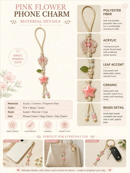 1pc Handmade Ceramic Flower & Star Phone Lanyard, Handwoven Ceramic Beaded Phone Strap, Unique Niche Mori Style Bag/Car Key Charm, Cute Small Item (Actual Size May Slightly Differ From Photo Due To Sh