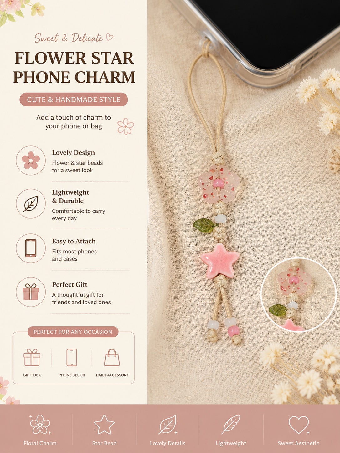 1pc Handmade Ceramic Flower & Star Phone Lanyard, Handwoven Ceramic Beaded Phone Strap, Unique Niche Mori Style Bag/Car Key Charm, Cute Small Item (Actual Size May Slightly Differ From Photo Due To Sh