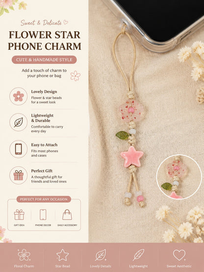 1pc Handmade Ceramic Flower & Star Phone Lanyard, Handwoven Ceramic Beaded Phone Strap, Unique Niche Mori Style Bag/Car Key Charm, Cute Small Item (Actual Size May Slightly Differ From Photo Due To Sh