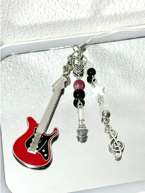 1pc Handmade Guitar Note Beaded Keychain, Minimalist Girly Ins Style Phone Charm, Cute Accessory For Daily Use By Women