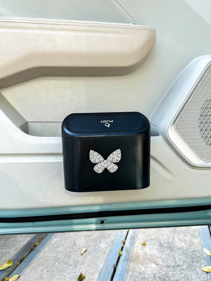 1pc Hanging Bowknot Car Garbage Can, Dust Box Storage Box Black ABS Square Stamping Trash Can, Waterproof Garbage Bin