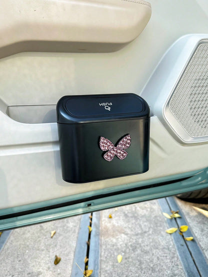 1pc Hanging Bowknot Car Garbage Can, Dust Box Storage Box Black ABS Square Stamping Trash Can, Waterproof Garbage Bin