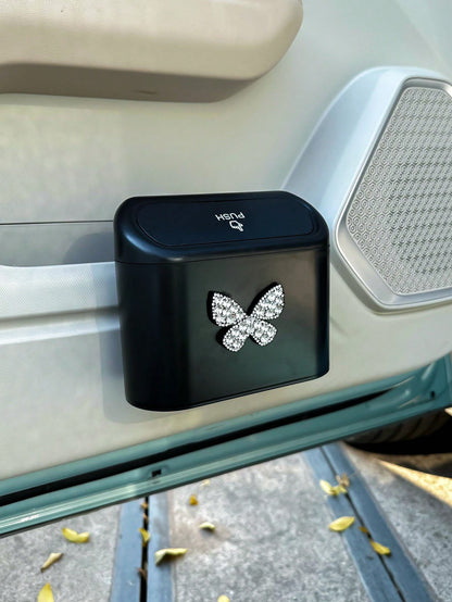 1pc Hanging Bowknot Car Garbage Can, Dust Box Storage Box Black ABS Square Stamping Trash Can, Waterproof Garbage Bin