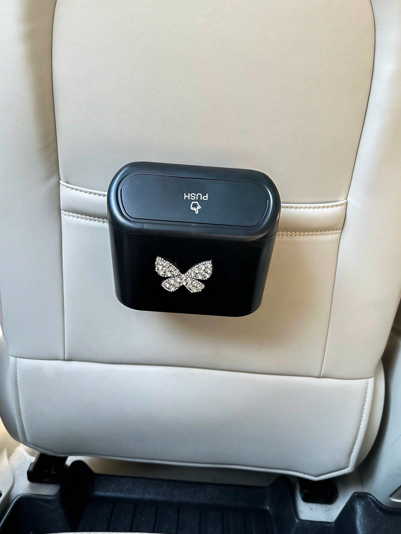 1pc Hanging Bowknot Car Garbage Can, Dust Box Storage Box Black ABS Square Stamping Trash Can, Waterproof Garbage Bin