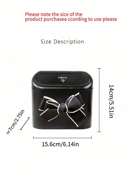 1pc Hanging Bowknot Car Garbage Can, Dust Box Storage Box Black ABS Square Stamping Trash Can, Waterproof Garbage Bin