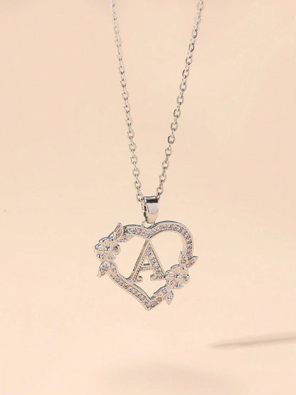 1pc Heart Flower Letter Necklace, Personalized Heart Flower 26 Letter Pendant Necklace, Suitable As Birthday Gift For Girls