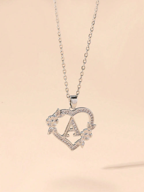 1pc Heart Flower Letter Necklace, Personalized Heart Flower 26 Letter Pendant Necklace, Suitable As Birthday Gift For Girls