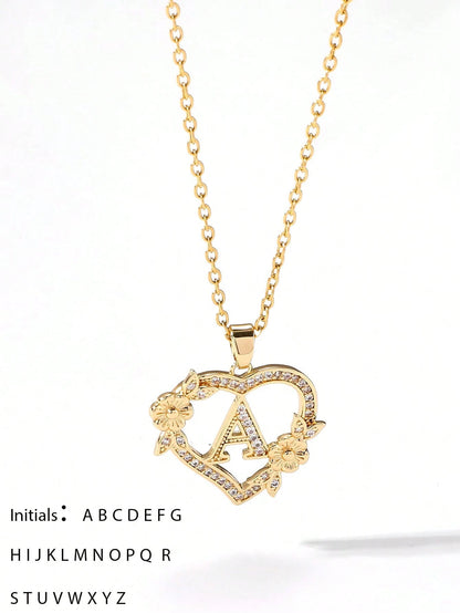 1pc Heart Flower Letter Necklace, Personalized Heart Flower 26 Letter Pendant Necklace, Suitable As Birthday Gift For Girls
