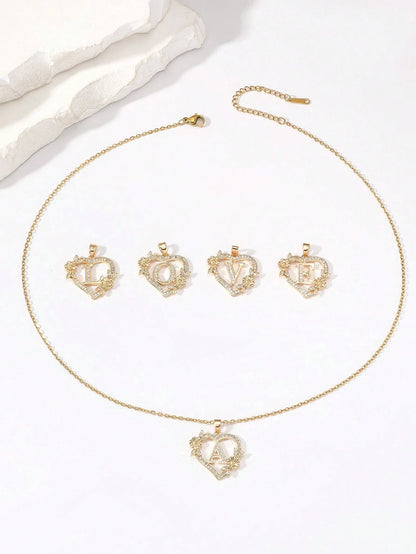 1pc Heart Flower Letter Necklace, Personalized Heart Flower 26 Letter Pendant Necklace, Suitable As Birthday Gift For Girls