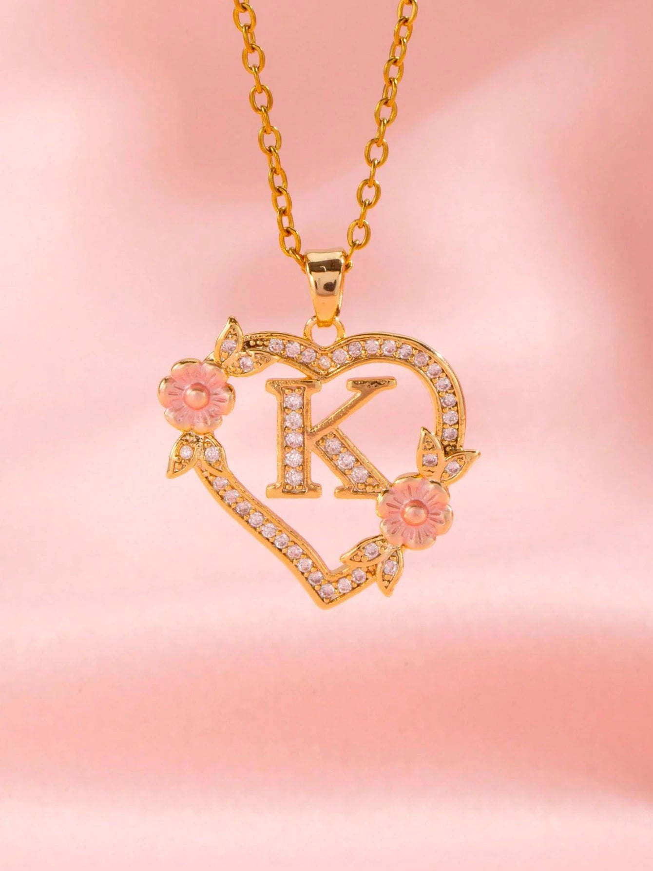 1pc Heart Flower Letter Necklace, Personalized Heart Flower 26 Letter Pendant Necklace, Suitable As Birthday Gift For Girls