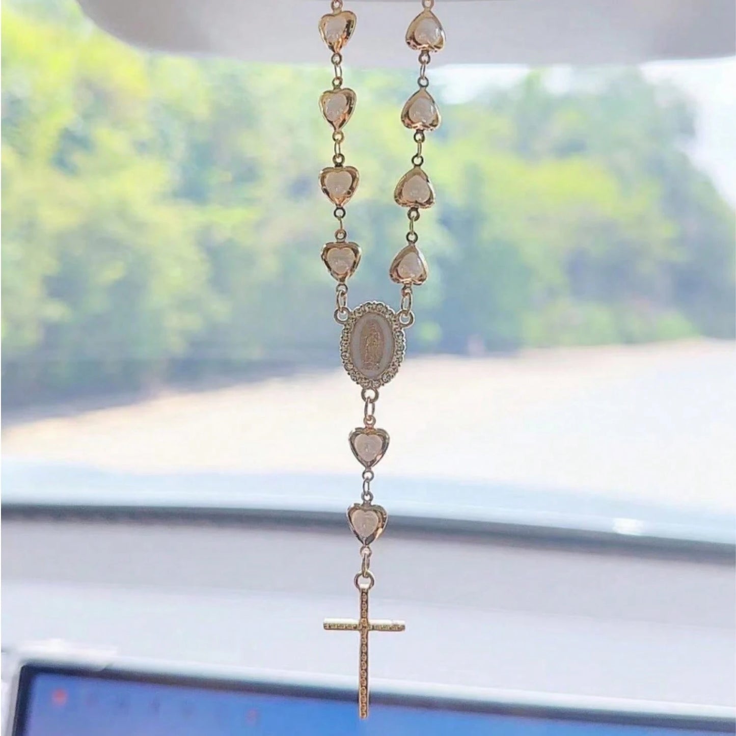 1pc Heart-Shaped Faux Pearl Cross Hanging Ornament, Metal Retro Car Mirror Pendant Decoration