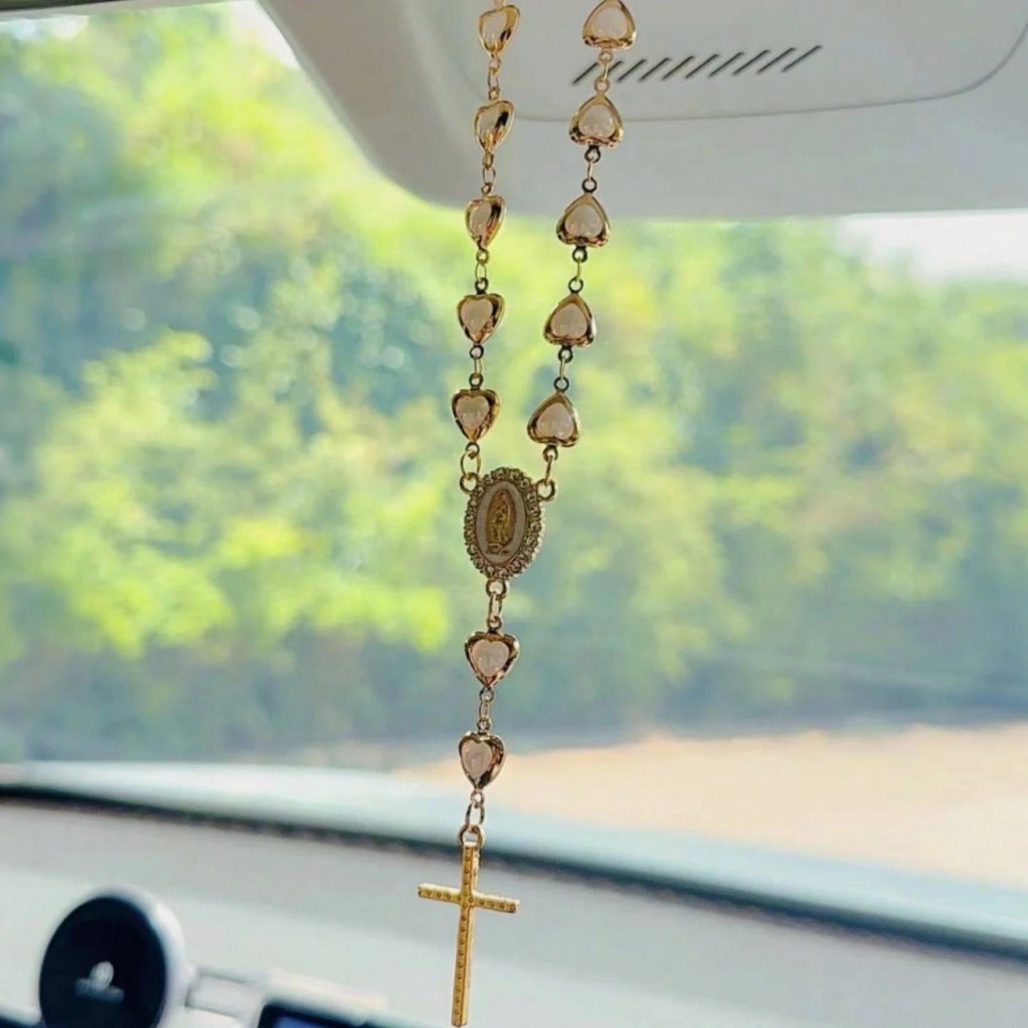 1pc Heart-Shaped Faux Pearl Cross Hanging Ornament, Metal Retro Car Mirror Pendant Decoration