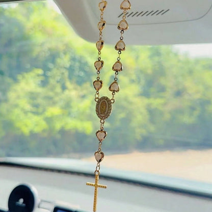 1pc Heart-Shaped Faux Pearl Cross Hanging Ornament, Metal Retro Car Mirror Pendant Decoration