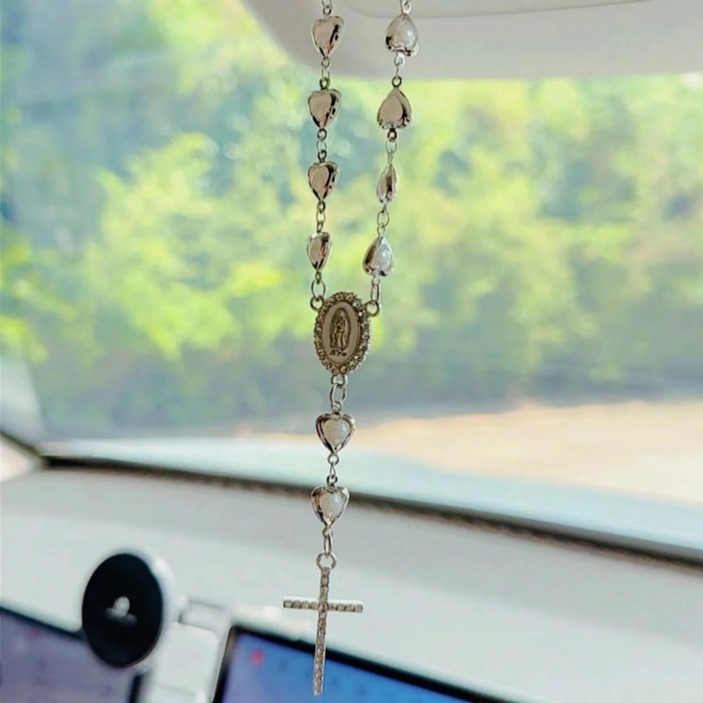 1pc Heart-Shaped Faux Pearl Cross Hanging Ornament, Metal Retro Car Mirror Pendant Decoration