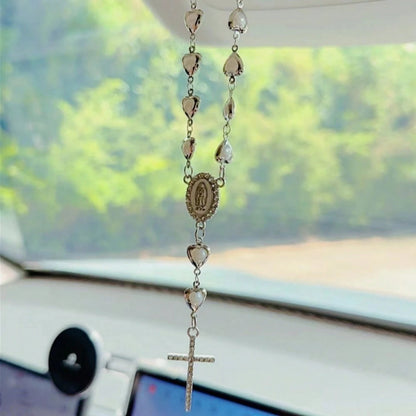 1pc Heart-Shaped Faux Pearl Cross Hanging Ornament, Metal Retro Car Mirror Pendant Decoration