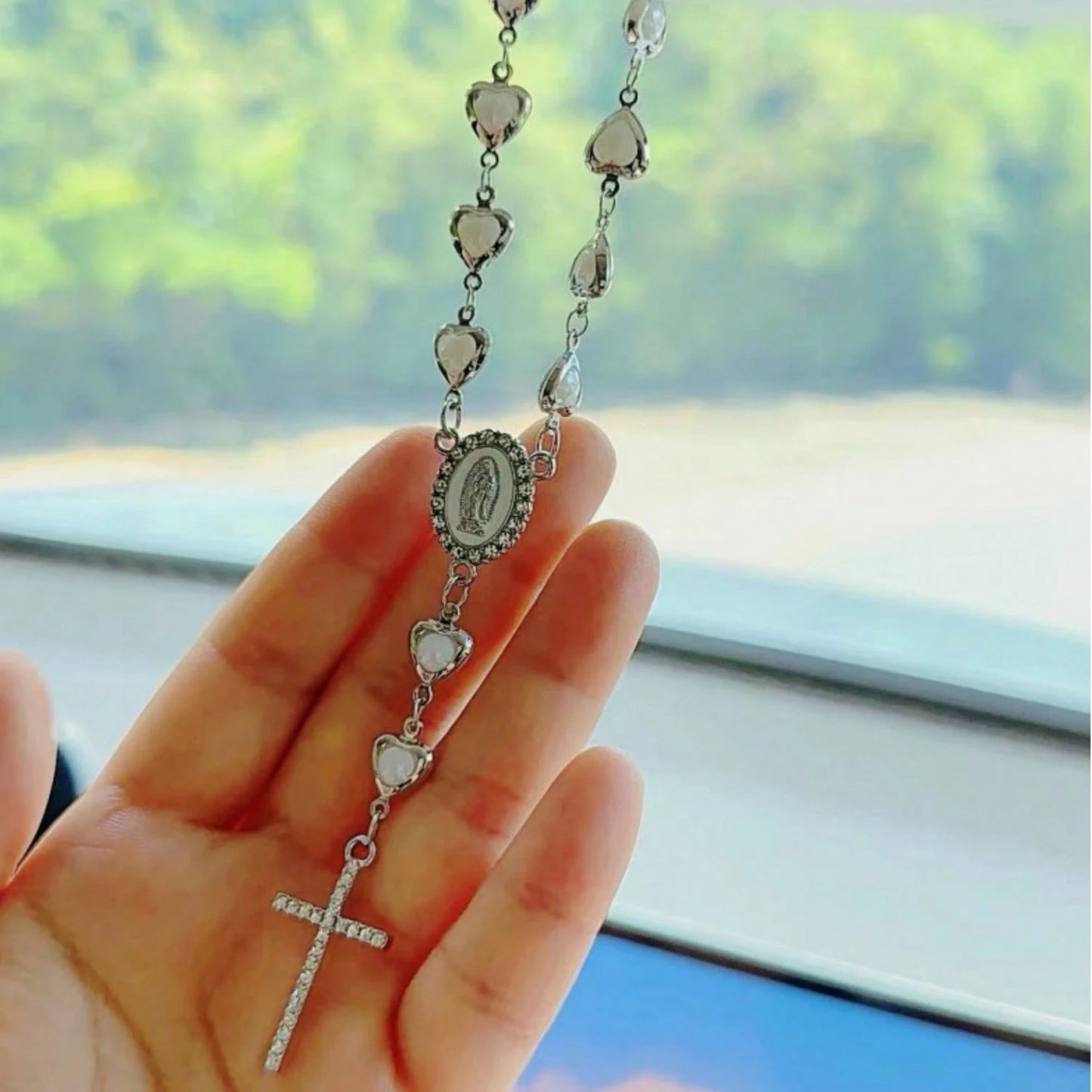 1pc Heart-Shaped Faux Pearl Cross Hanging Ornament, Metal Retro Car Mirror Pendant Decoration