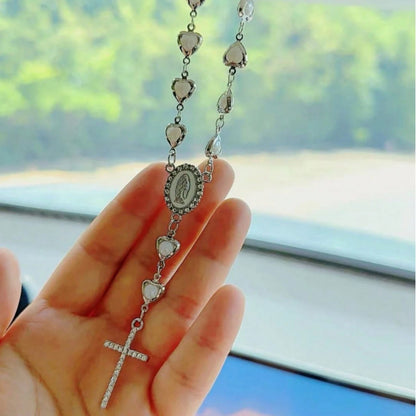 1pc Heart-Shaped Faux Pearl Cross Hanging Ornament, Metal Retro Car Mirror Pendant Decoration