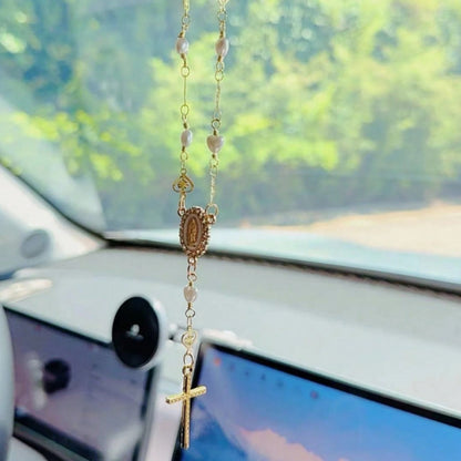 1pc Heart-Shaped Faux Pearl Cross Hanging Ornament, Metal Retro Car Mirror Pendant Decoration