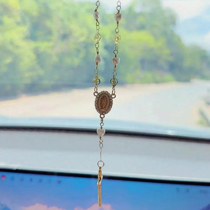 1pc Heart-Shaped Faux Pearl Cross Hanging Ornament, Metal Retro Car Mirror Pendant Decoration