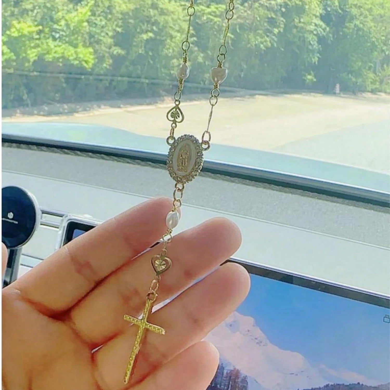 1pc Heart-Shaped Faux Pearl Cross Hanging Ornament, Metal Retro Car Mirror Pendant Decoration