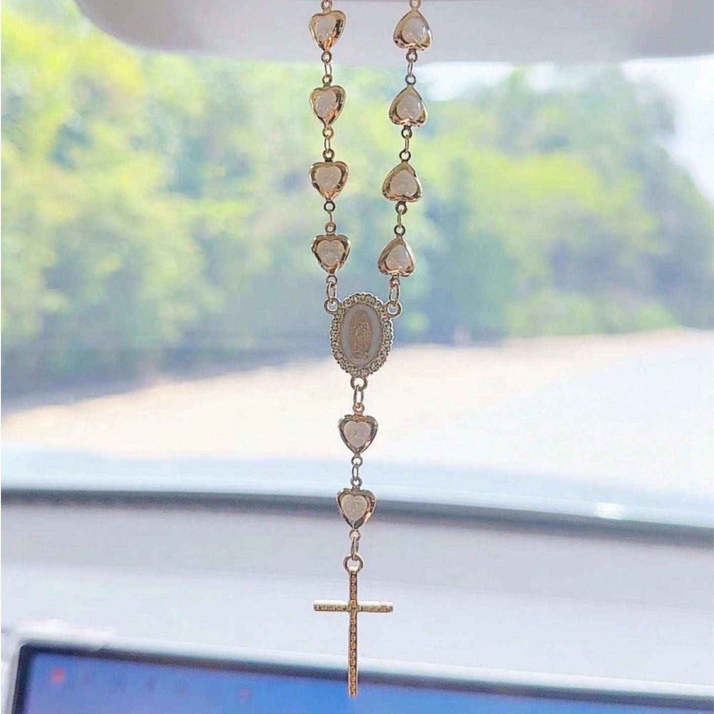 1pc Heart-Shaped Faux Pearl Cross Hanging Ornament, Metal Retro Car Mirror Pendant Decoration