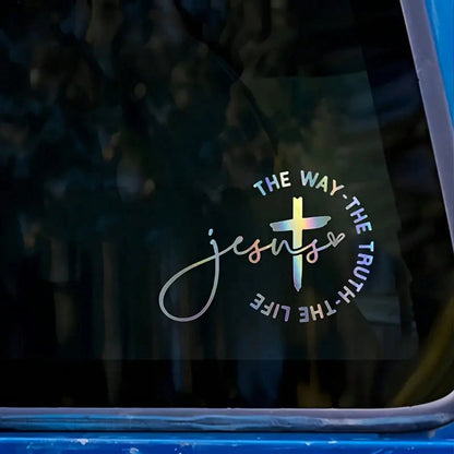 1pc Jesus Way Christian Car Sticker- Cross Design With "The Way, The Truth, The Life" Text- One-Time Vinyl Sticker- Fade-Resistant, Self-Adhesive, Multiple Colors Available- Mother's Day Gift, Car