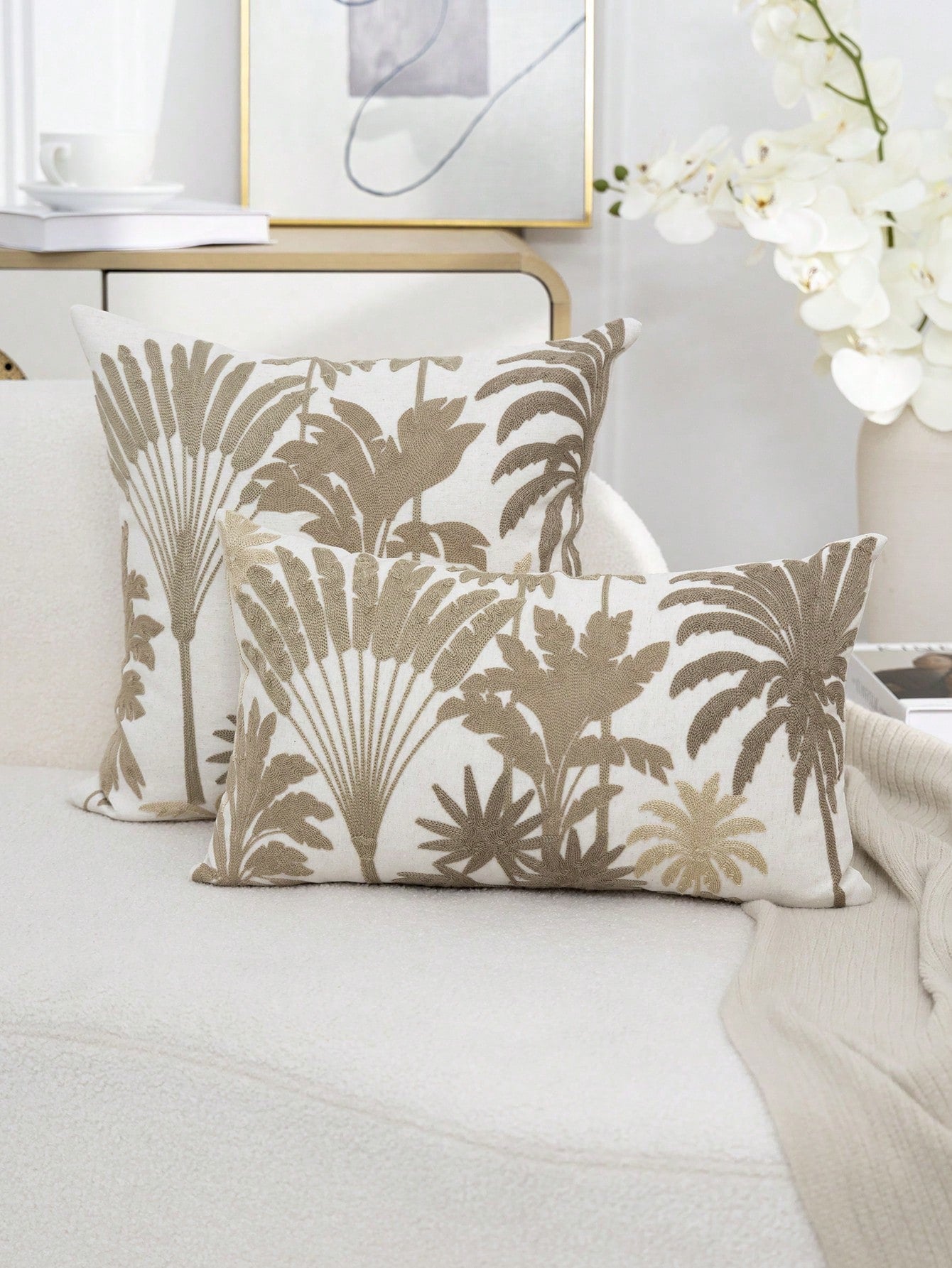 1pc Khaki Tropical Palm Plant Embroidered Pillowcase, Spring/Summer Fresh Plant Leaf Decorative Pillowcase, Suitable For Indoor Decoration, All-Season Pillowcase, Without Insert