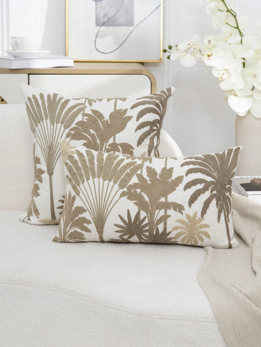 1pc Khaki Tropical Palm Plant Embroidered Pillowcase, Spring/Summer Fresh Plant Leaf Decorative Pillowcase, Suitable For Indoor Decoration, All-Season Pillowcase, Without Insert