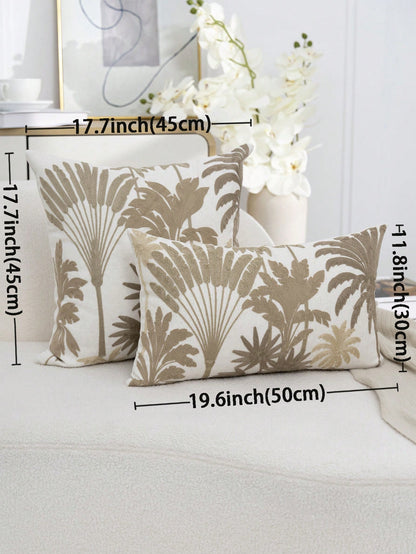 1pc Khaki Tropical Palm Plant Embroidered Pillowcase, Spring/Summer Fresh Plant Leaf Decorative Pillowcase, Suitable For Indoor Decoration, All-Season Pillowcase, Without Insert