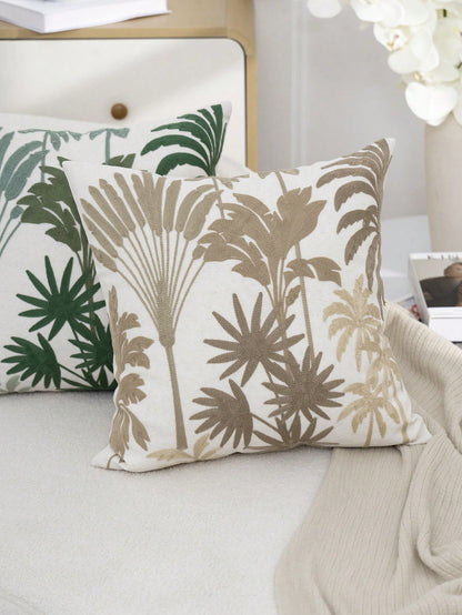 1pc Khaki Tropical Palm Plant Embroidered Pillowcase, Spring/Summer Fresh Plant Leaf Decorative Pillowcase, Suitable For Indoor Decoration, All-Season Pillowcase, Without Insert