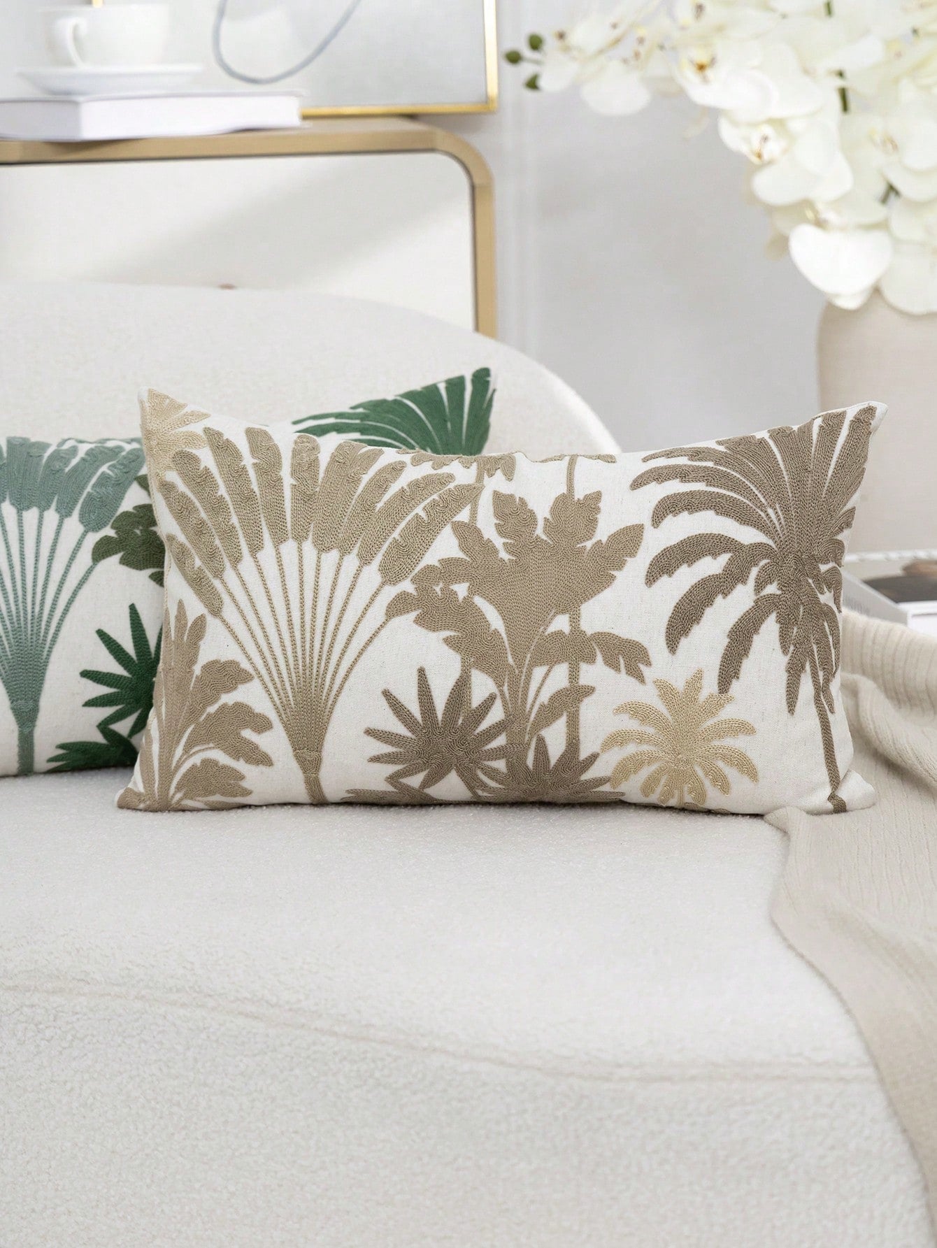 1pc Khaki Tropical Palm Plant Embroidered Pillowcase, Spring/Summer Fresh Plant Leaf Decorative Pillowcase, Suitable For Indoor Decoration, All-Season Pillowcase, Without Insert