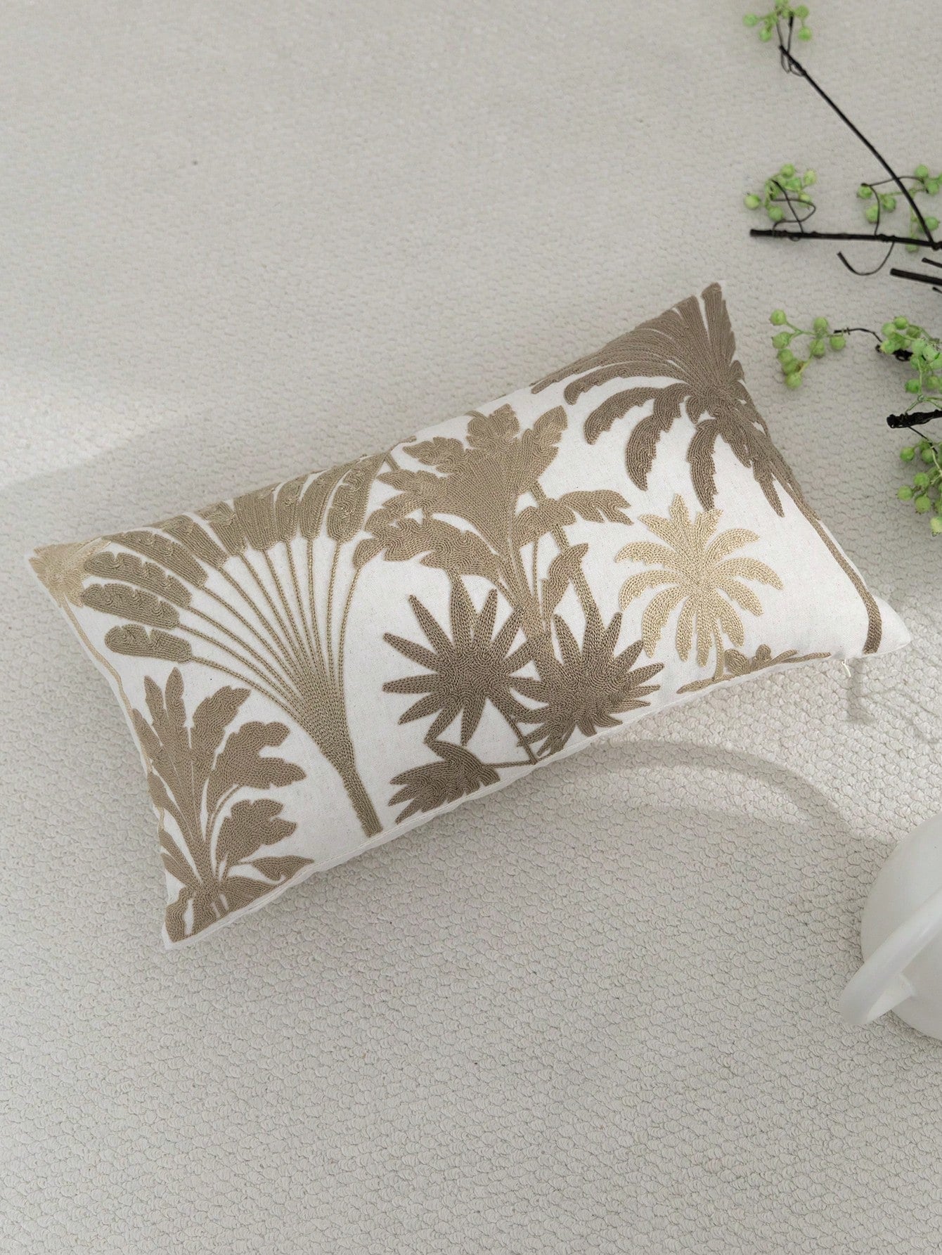 1pc Khaki Tropical Palm Plant Embroidered Pillowcase, Spring/Summer Fresh Plant Leaf Decorative Pillowcase, Suitable For Indoor Decoration, All-Season Pillowcase, Without Insert