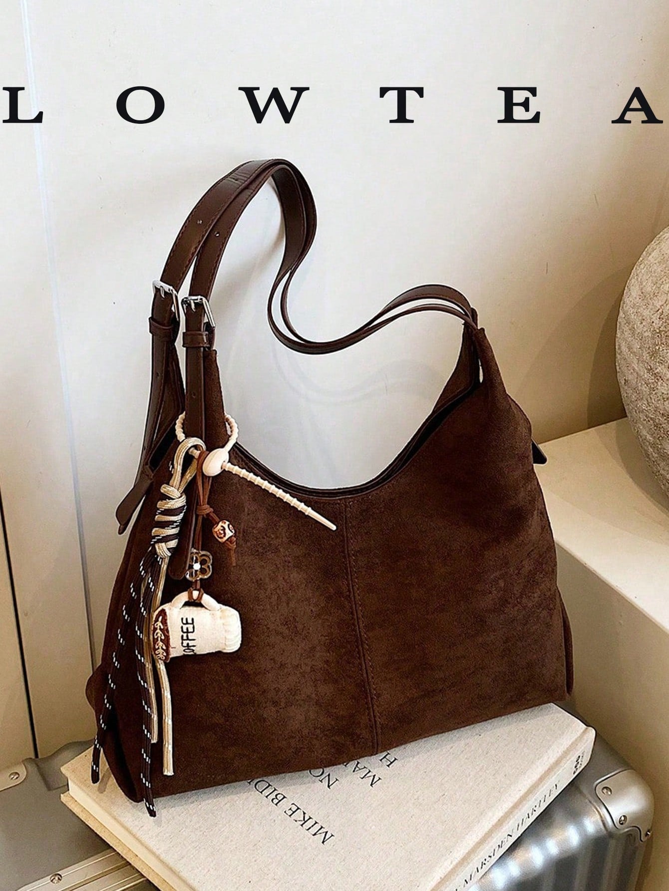 1pc Low Tea Solid Color Suede Fabric Shoulder Bag, Women's Vintage Casual Large Capacity Shoulder Messenger Bag, Double Handle Design, Zipper Closure, Pleated Design, Magnetic Snap Closure, Suitable F