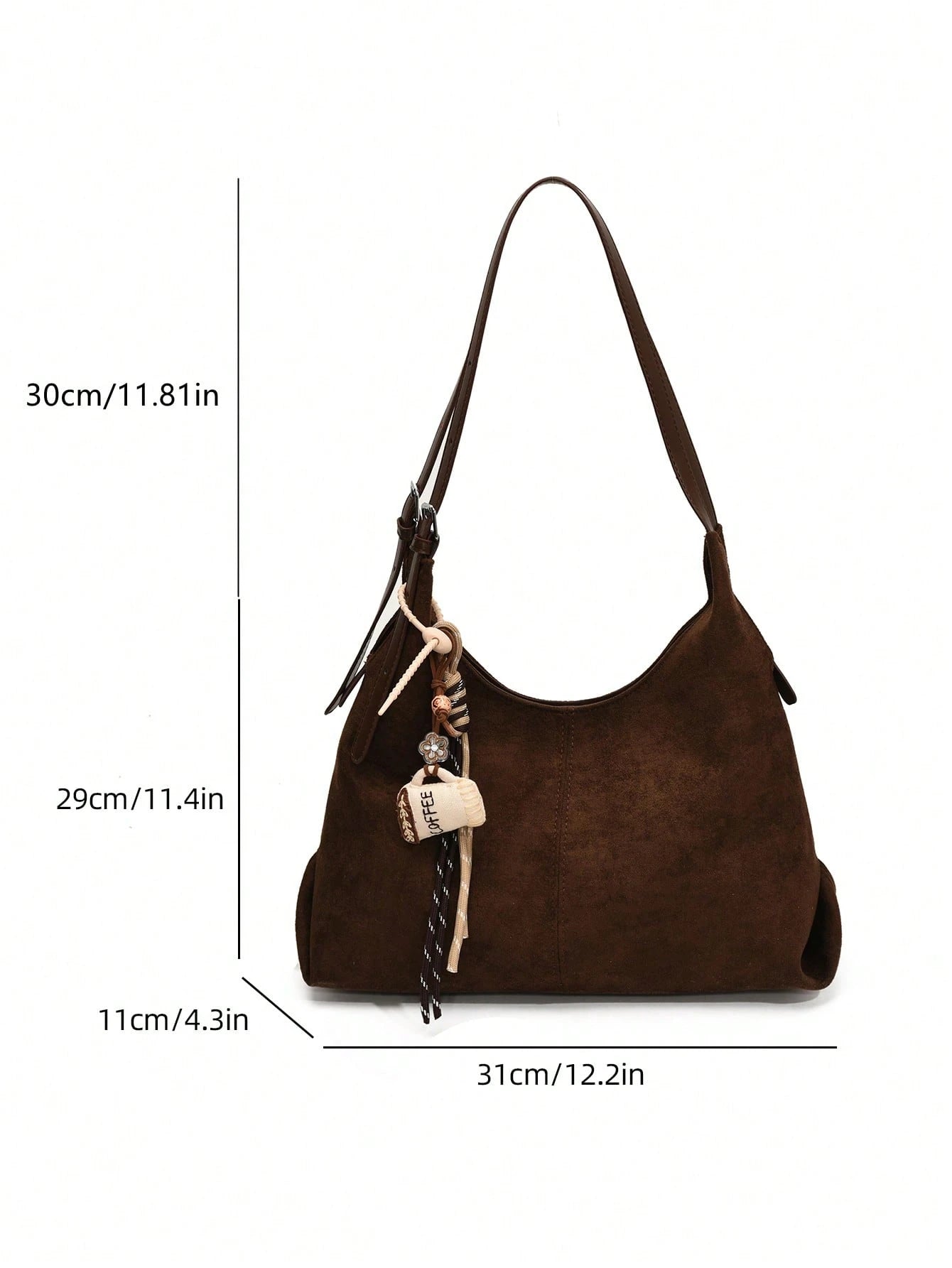 1pc Low Tea Solid Color Suede Fabric Shoulder Bag, Women's Vintage Casual Large Capacity Shoulder Messenger Bag, Double Handle Design, Zipper Closure, Pleated Design, Magnetic Snap Closure, Suitable F