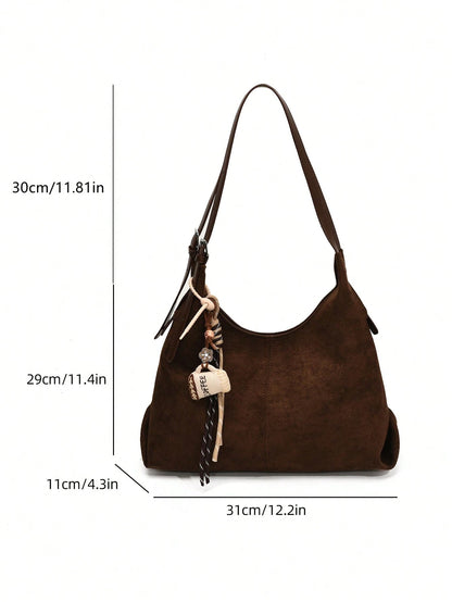 1pc Low Tea Solid Color Suede Fabric Shoulder Bag, Women's Vintage Casual Large Capacity Shoulder Messenger Bag, Double Handle Design, Zipper Closure, Pleated Design, Magnetic Snap Closure, Suitable F