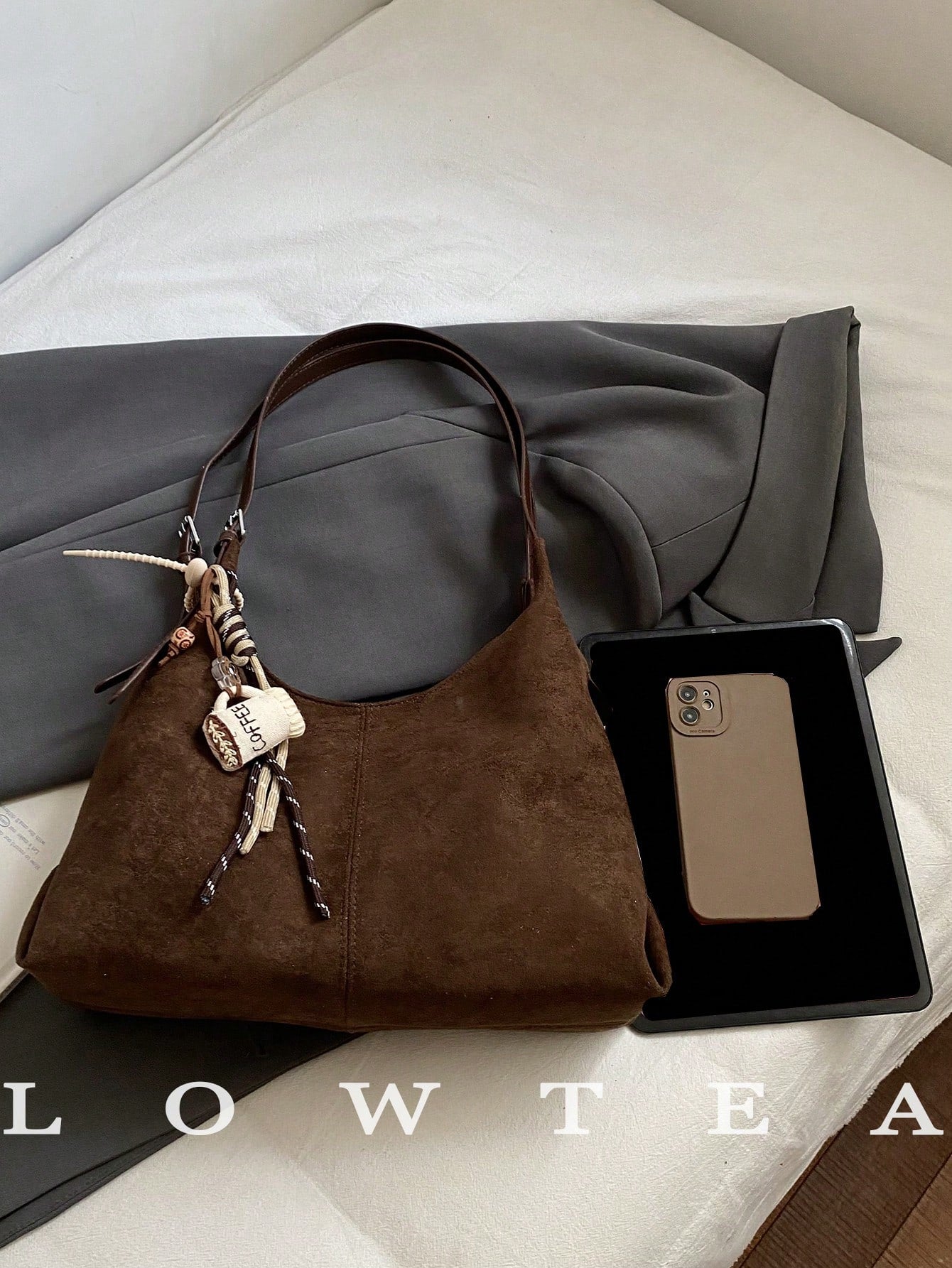 1pc Low Tea Solid Color Suede Fabric Shoulder Bag, Women's Vintage Casual Large Capacity Shoulder Messenger Bag, Double Handle Design, Zipper Closure, Pleated Design, Magnetic Snap Closure, Suitable F