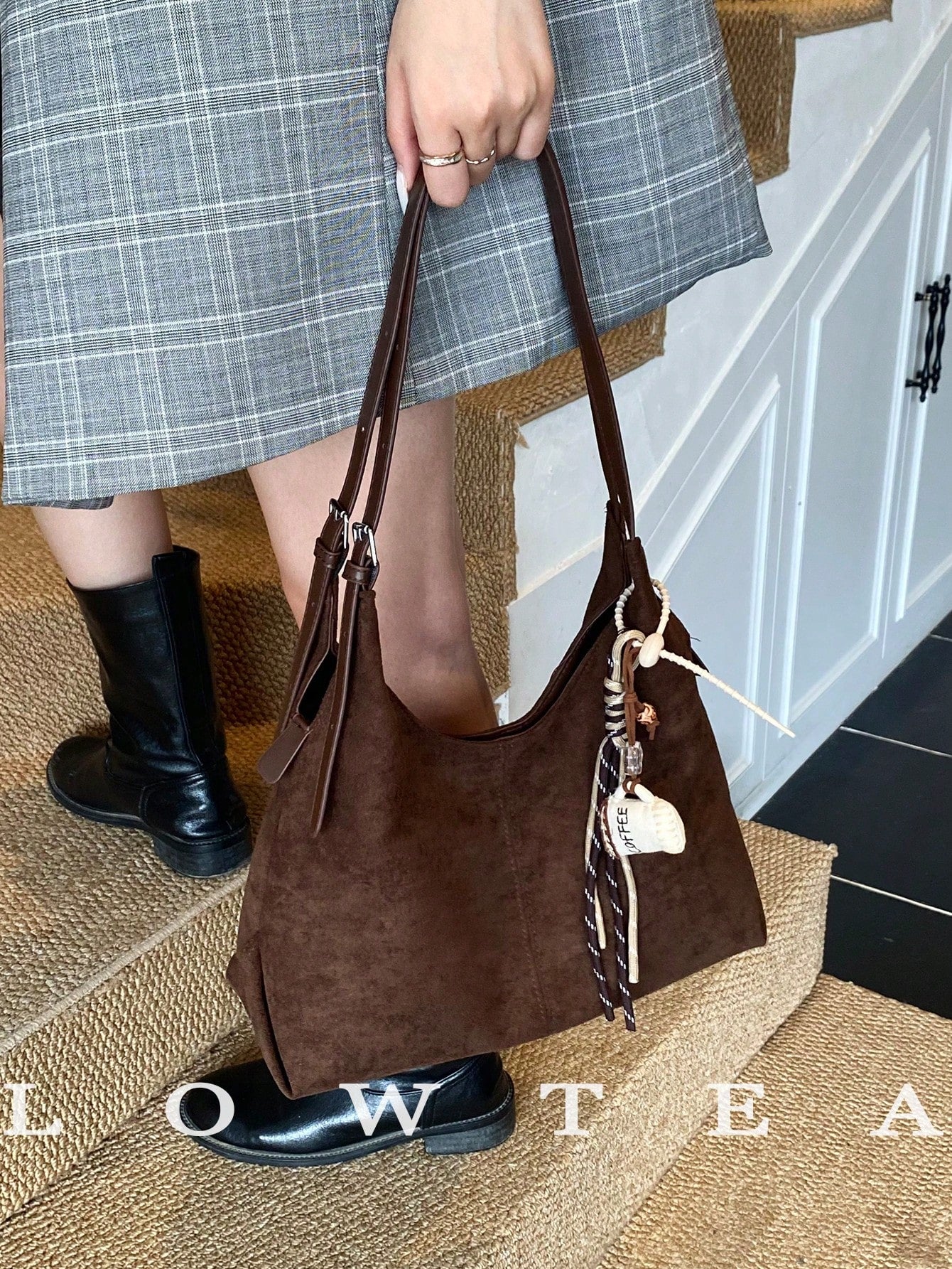 1pc Low Tea Solid Color Suede Fabric Shoulder Bag, Women's Vintage Casual Large Capacity Shoulder Messenger Bag, Double Handle Design, Zipper Closure, Pleated Design, Magnetic Snap Closure, Suitable F