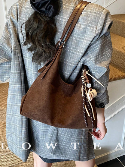 1pc Low Tea Solid Color Suede Fabric Shoulder Bag, Women's Vintage Casual Large Capacity Shoulder Messenger Bag, Double Handle Design, Zipper Closure, Pleated Design, Magnetic Snap Closure, Suitable F
