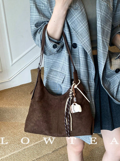 1pc Low Tea Solid Color Suede Fabric Shoulder Bag, Women's Vintage Casual Large Capacity Shoulder Messenger Bag, Double Handle Design, Zipper Closure, Pleated Design, Magnetic Snap Closure, Suitable F
