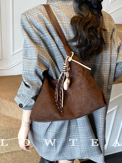 1pc Low Tea Solid Color Suede Fabric Shoulder Bag, Women's Vintage Casual Large Capacity Shoulder Messenger Bag, Double Handle Design, Zipper Closure, Pleated Design, Magnetic Snap Closure, Suitable F