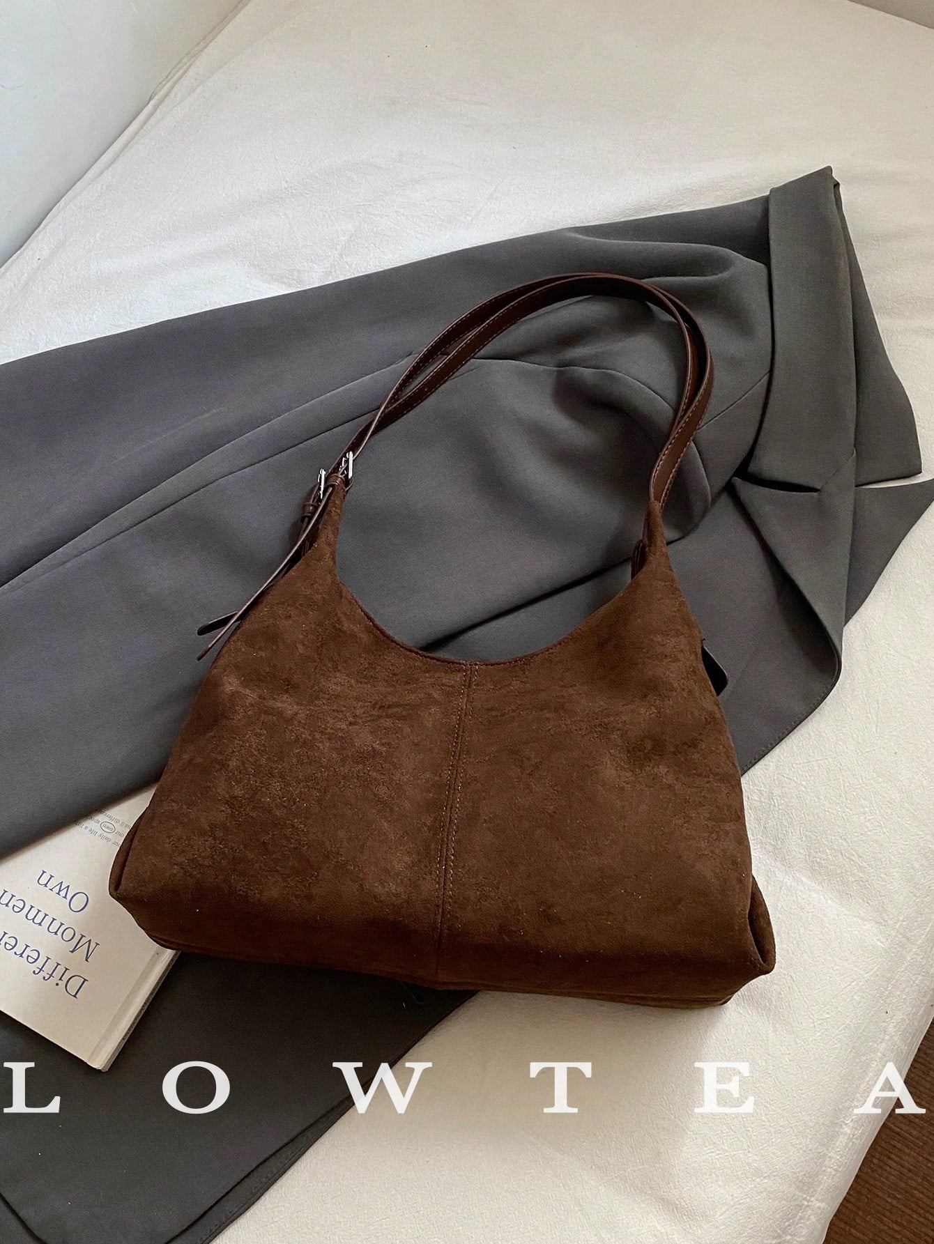1pc Low Tea Solid Color Suede Fabric Shoulder Bag, Women's Vintage Casual Large Capacity Shoulder Messenger Bag, Double Handle Design, Zipper Closure, Pleated Design, Magnetic Snap Closure, Suitable F