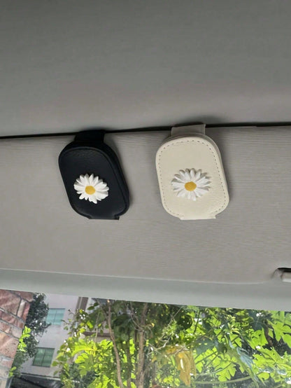 1pc Magnetic Car Eyewear Holder With Cute 3D Daisy Decor, PU Leather Sunglasses Holder, Car Eyewear Fixed Bracket, Unisex Fashion Car Interior Accessory, Black Car Eyewear Storage Clip, Car Decoration