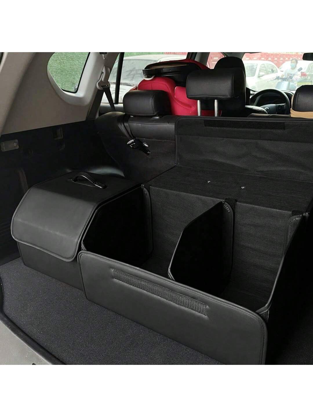 1pc Matte Black Leather Car Storage Box, Folding Multifunctional Storage Bag, Trunk Organizer Suitable For All Car Models