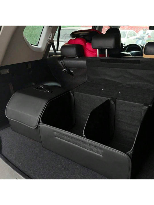 1pc Matte Black Leather Car Storage Box, Folding Multifunctional Storage Bag, Trunk Organizer Suitable For All Car Models