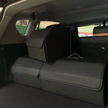 1pc Matte Black Leather Car Storage Box, Folding Multifunctional Storage Bag, Trunk Organizer Suitable For All Car Models