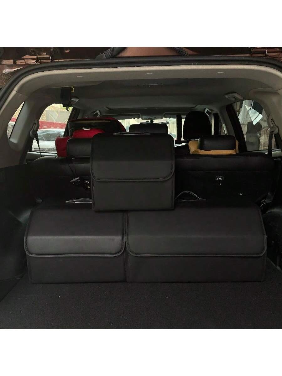 1pc Matte Black Leather Car Storage Box, Folding Multifunctional Storage Bag, Trunk Organizer Suitable For All Car Models