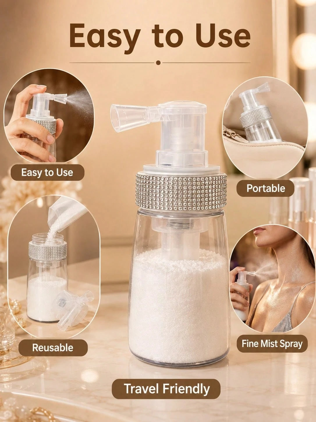 1PC Medicinal Spray Powder Bottle, Medicinal Spray Powder Bottle, Rhinestone Decorated Cosmetic Powder Dispenser Bottle, Fluffy Powder Spray Bottle, Suitable For Various Powder Dispenser Bottles, With