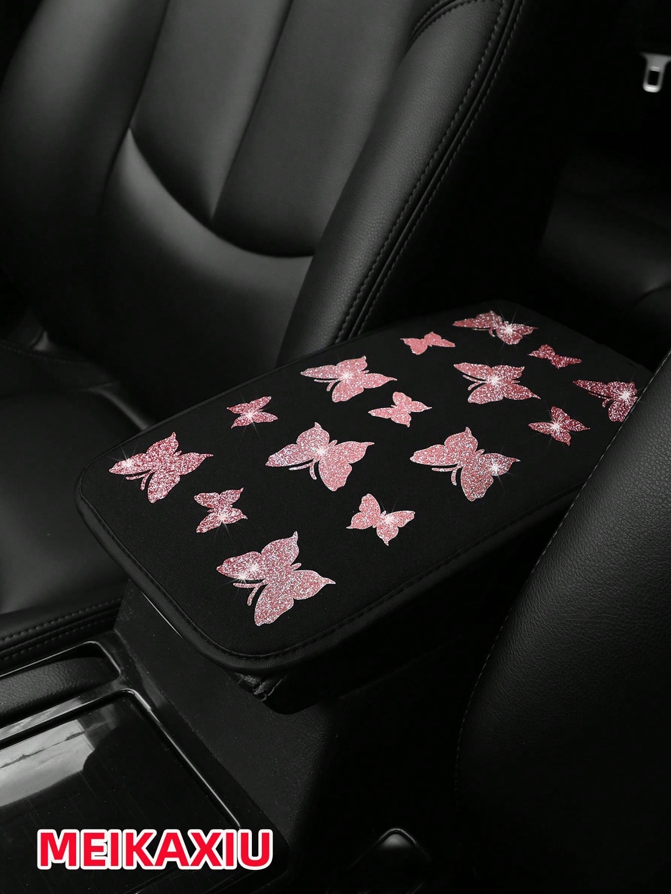 1pc MEIKAXIU Gorgeous Glitter Butterfly Fabric Waterproof Car Armrest Box Pad, 12.6" X 7.5", Auto Accessories For Women